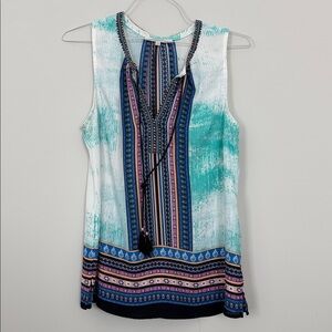 Daniel Rainn Teal & Navy Patterned V-Neck Tassel Tank